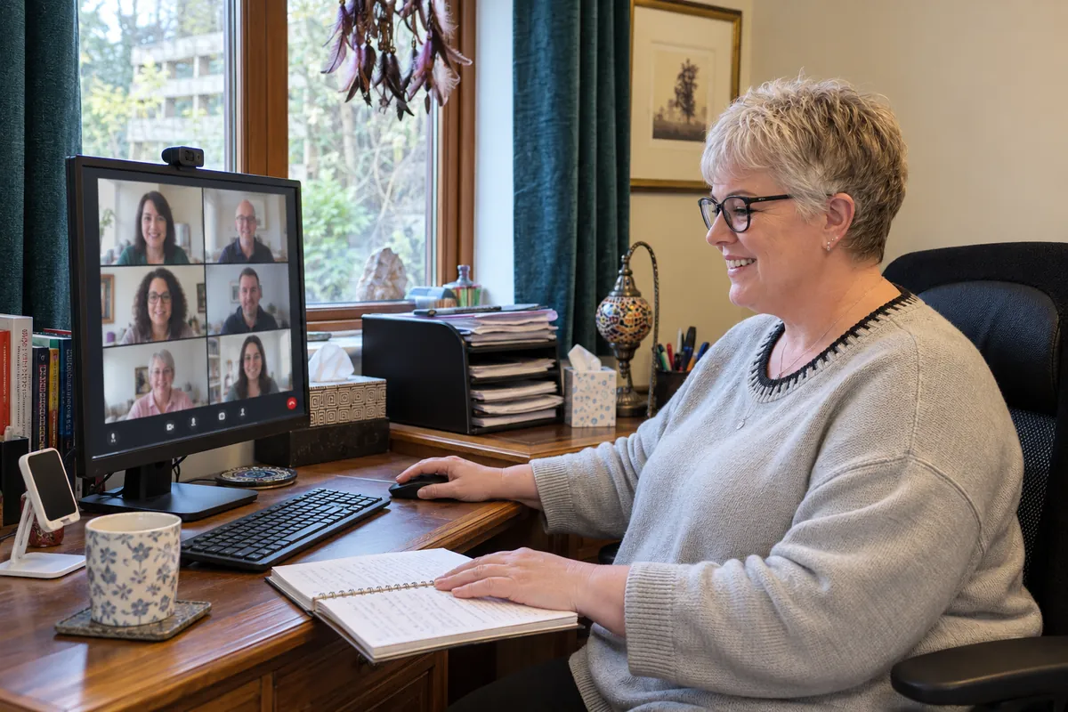 Alison in an online group session at her desk