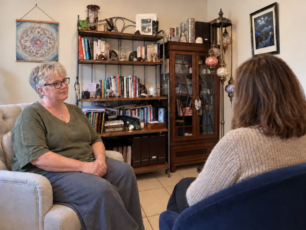 Alison sitting with a client in her consulting room