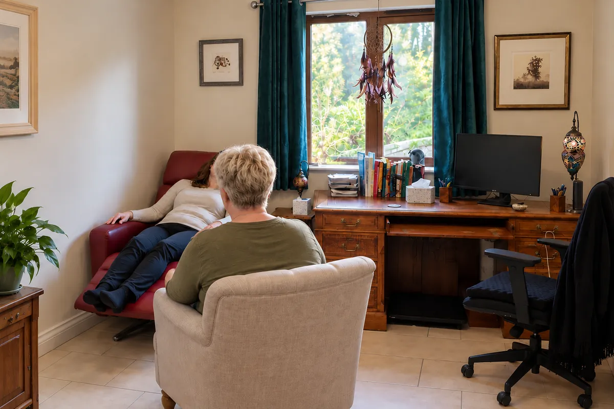 A hypnotherapy session: a client reclining, Alison seated beside them