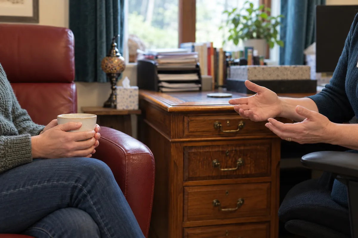 A client holding a cup, Alison''s hands open in conversation