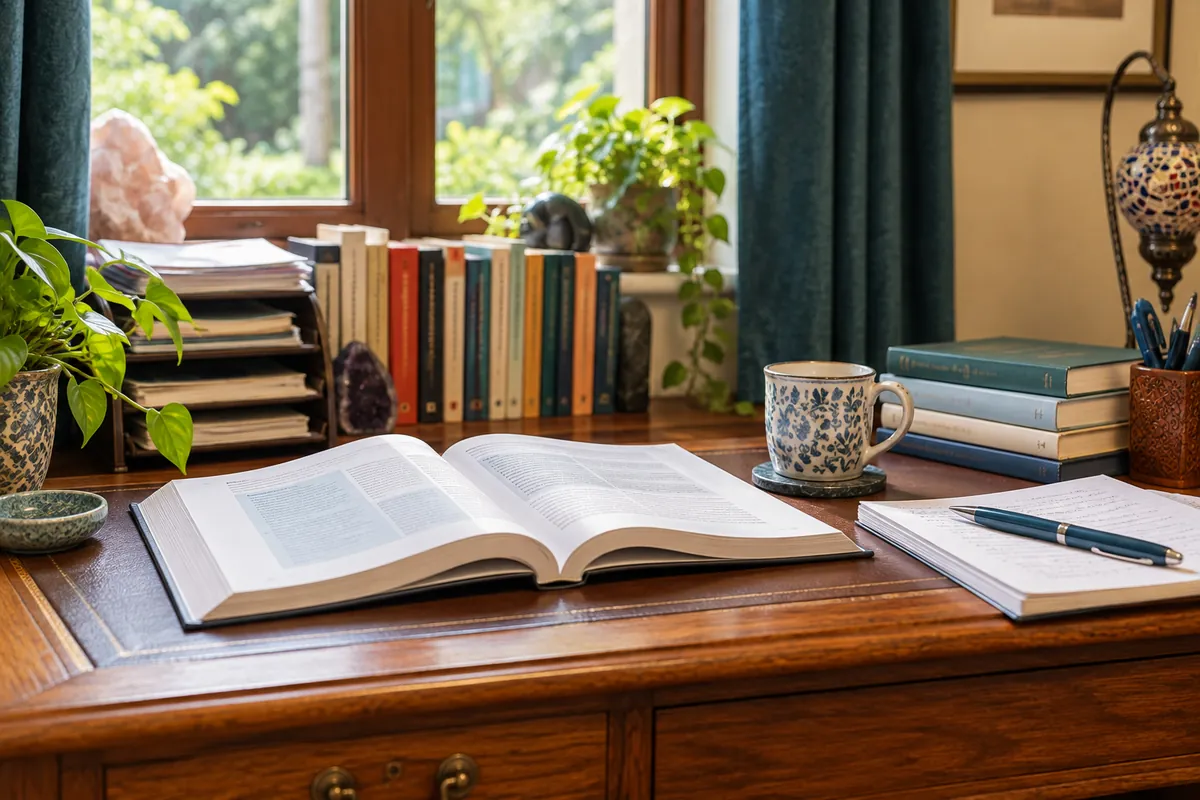 An open textbook and notes on a desk by a window